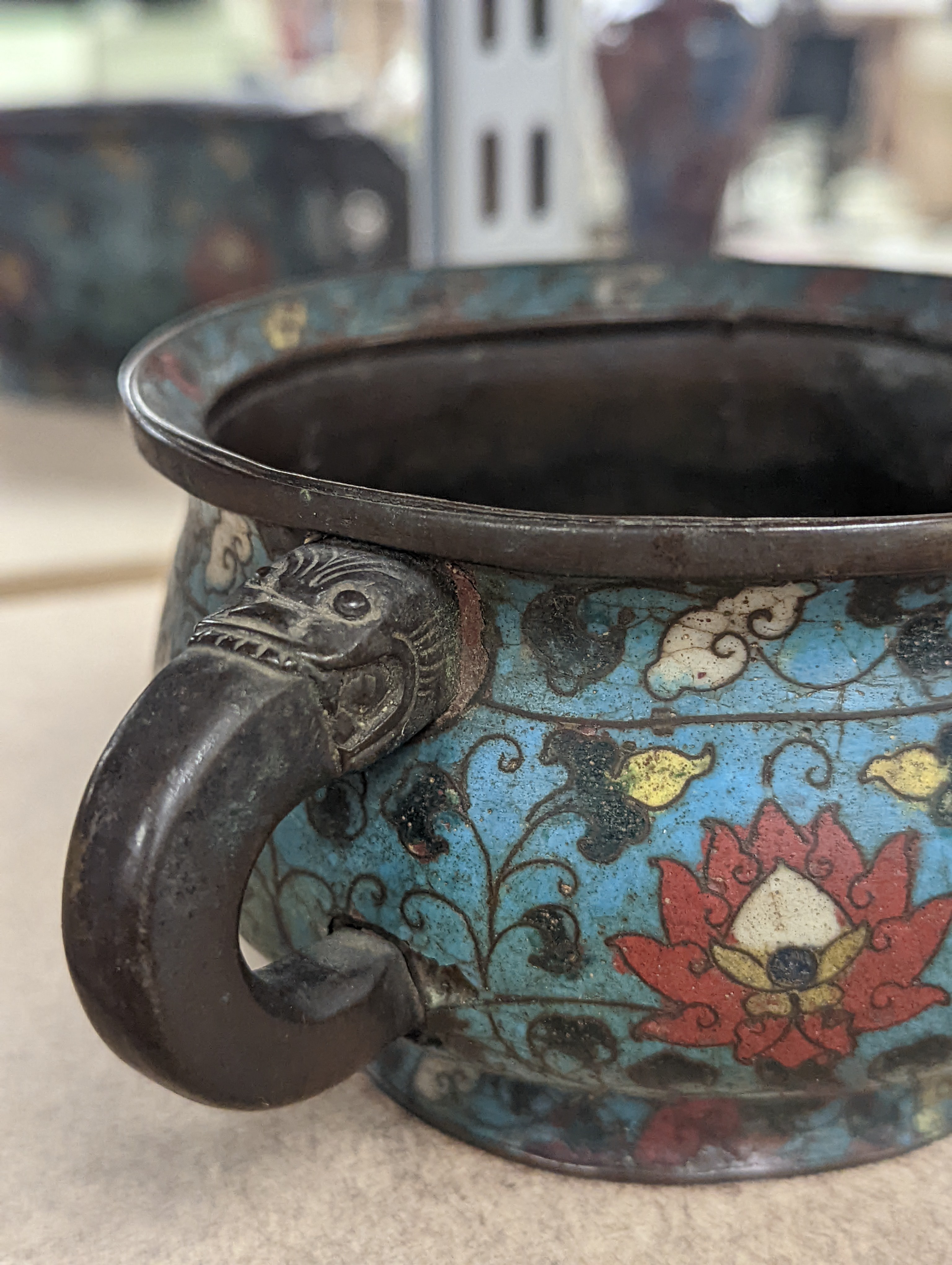 A Chinese late Ming dynasty bronze and cloisonné enamel ding censer 18cm